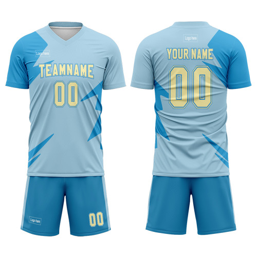 Custom Light Blue And Yellow Sublimation Soccer Uniform Jersey