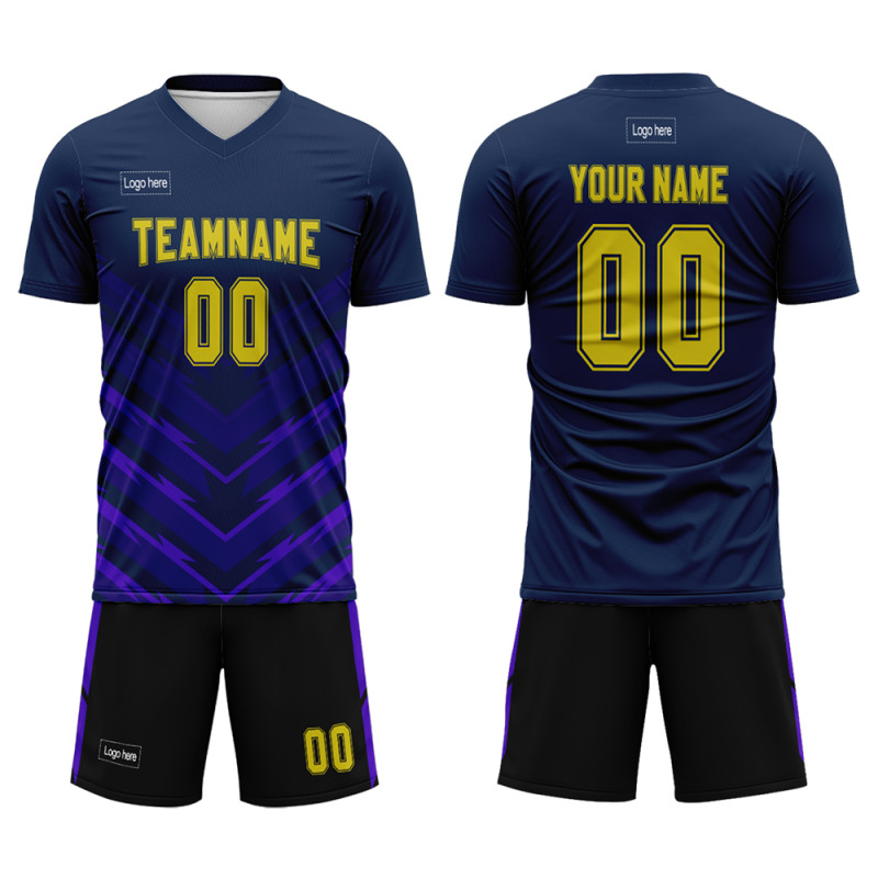 Custom Blue Black And Yellow Sublimation Soccer Uniform Jerseys