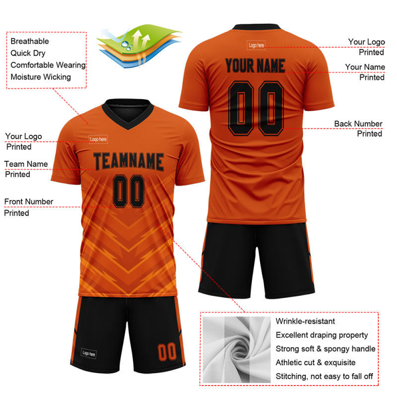 Custom Orange And Black Sublimation Jersey Soccer Team