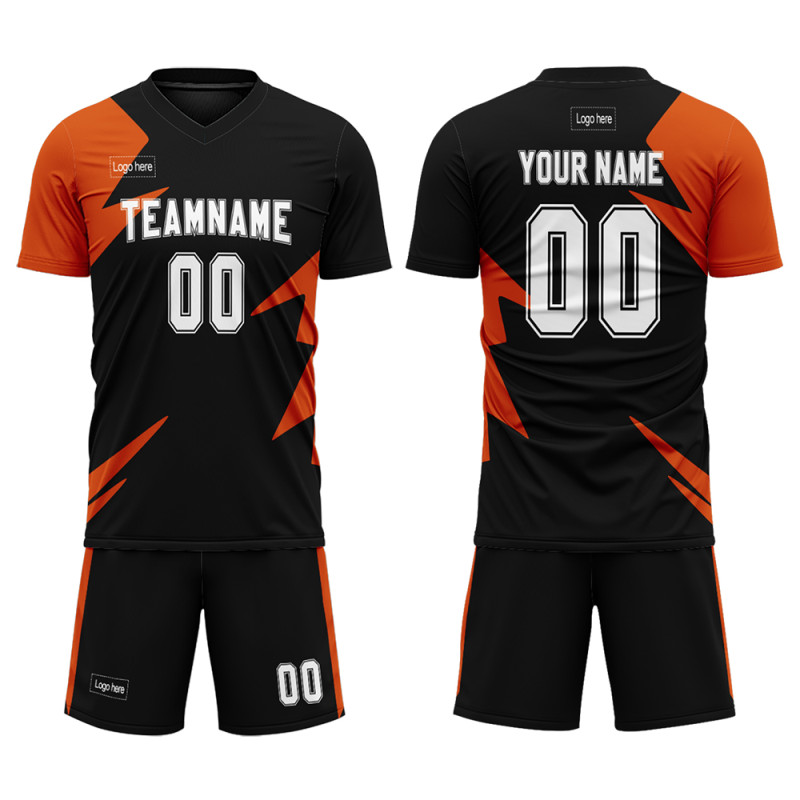 Custom Orange And Black Sublimation Soccer Uniforms