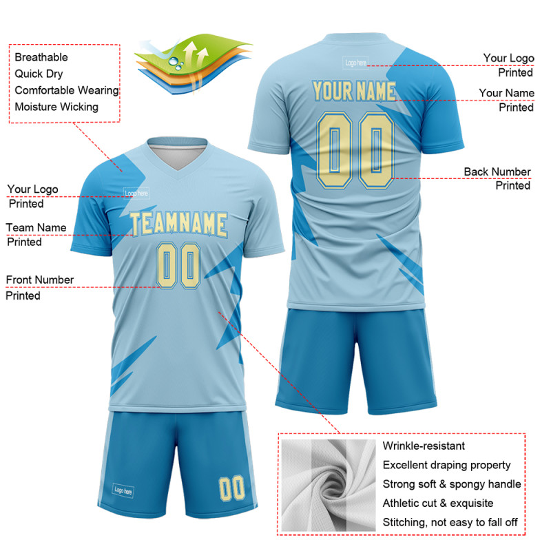 Custom Light Blue And Yellow Sublimation Soccer Uniform Jersey