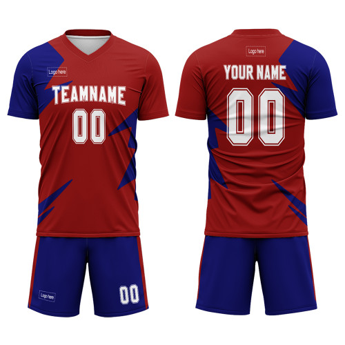 Custom Red Blue And White Sublimation Soccer Uniform