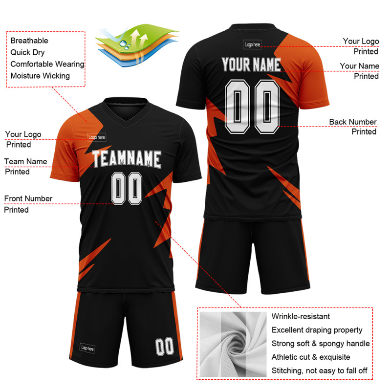 Custom Orange And Black Sublimation Soccer Uniforms