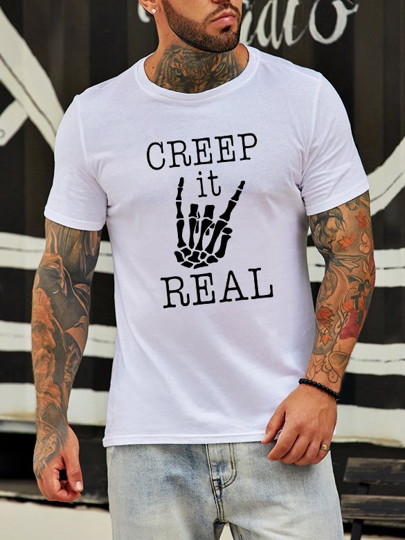 Casual and simple skull hand print round neck short-sleeved cotton T-shirt