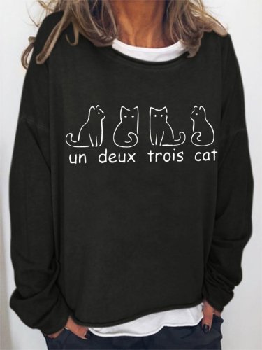 Un Deux Trois Cat Crew Neck Cotton Blends Sweatshirts