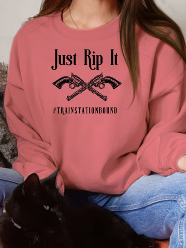 Just Rip It Train Station Bound Gun Pattern Print Women's Pullover Sweatshirt