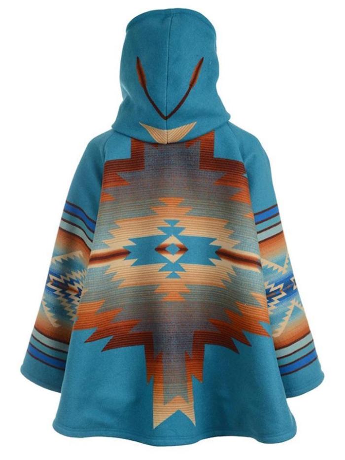 Beth Dutton Blue Hooded Poncho Jecket Indian Aztec Printed Horn Button Coat