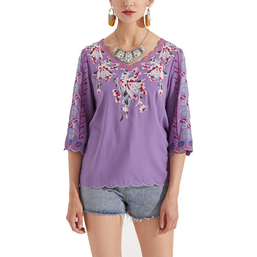 Women's Summer Boho Embroidery Mexican Bohemian Tops Shirt Tunic Blouses