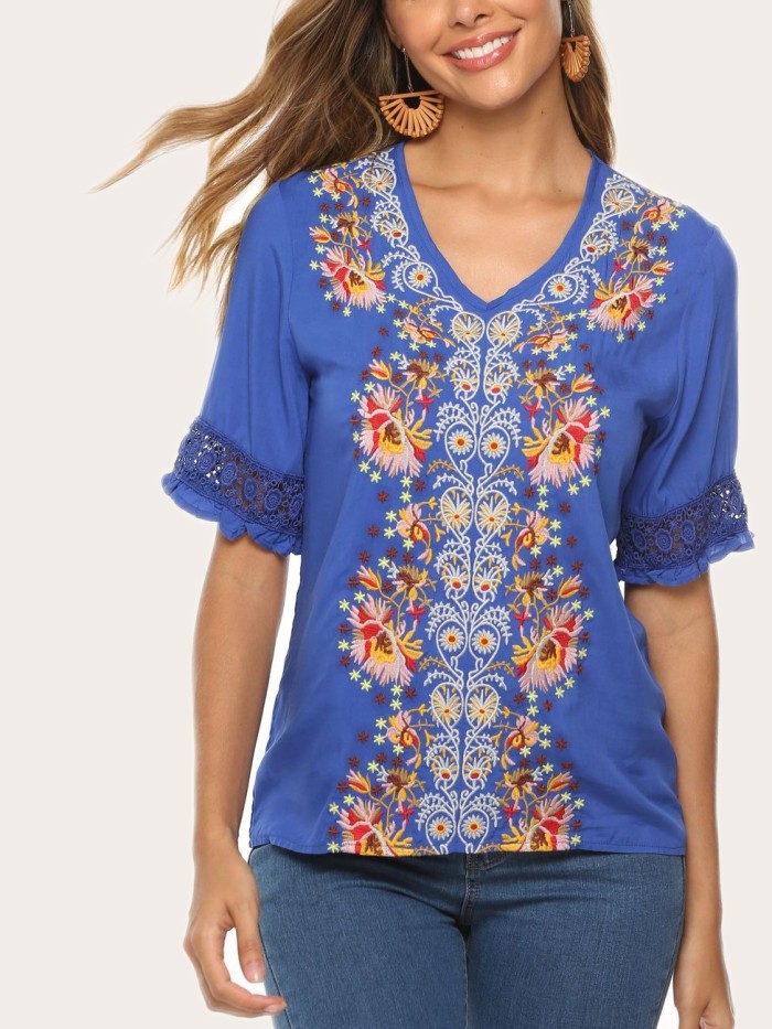 Women's Short Sleeve Embroidery Top Cowgirl Style