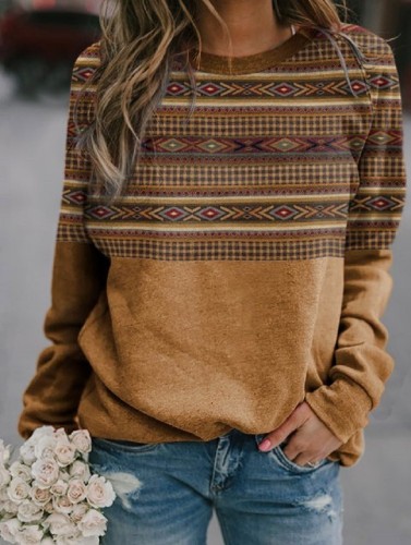Women's Aztec Pattern Western Wear Style Round Neck Long Sleeve Sweatshirt