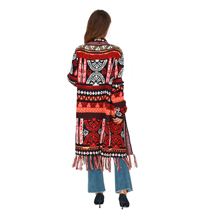 Cowgirl Style Tassel Cardigan Sweater Knitted Jacket Loose Long-Sleeved Bohemian Style