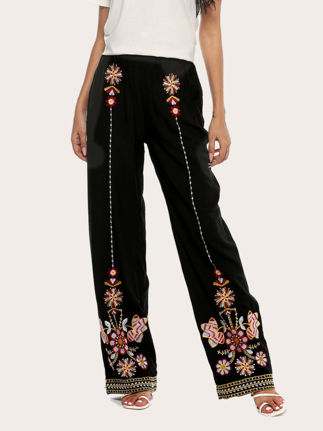 Women Pant Floral Embroidery Summer Casual Loose Elastic Waist Full Length Wide Leg Pants