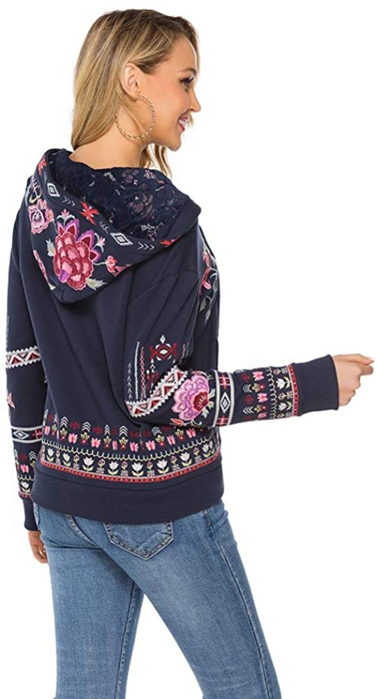 Western Women's Full Zip Long Sleeve Embroidered Floral Boho Embroidered Fall Winter Coat Tops Jackets