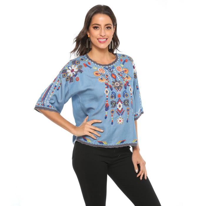 Women's Boho Embroidered Mexican Shirts Short Sleeve Casual Tops Blouse Denim Blouse