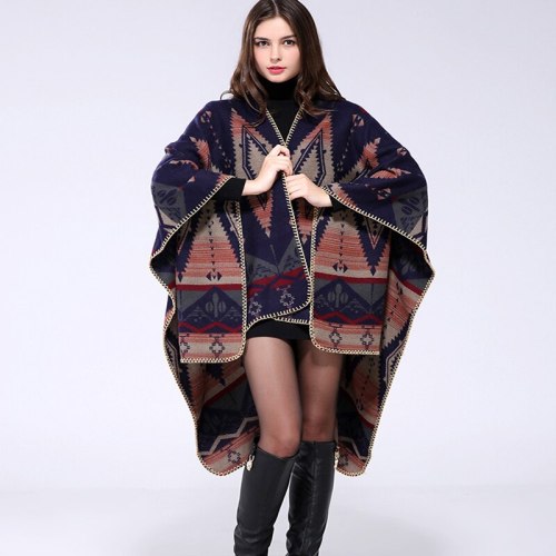 AZTEC Womens Winter Cashmere Reversible Oversized Thicken Plaid Blanket Poncho Cape Shawl Long Cloak Wrap Shawl Coat Tops