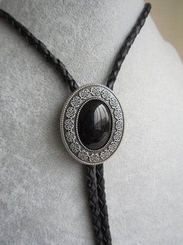 Celtic decorated Polo Tie Obsidian Silver-plated bolotie