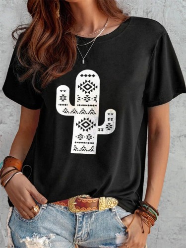 Women's Western Style Ethnic Aztec Cactus Graphic T-Shirt