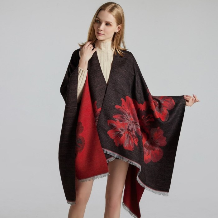 Dual-use Double-Sided Shawl Cloak Womens Flower Scarf Poncho Cape Poncho Blanket Cloak Wrap Shawl Coat Winter Warm Clothing