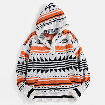 Pocket Color Block Hooded Standard Straight Men's Aztec Sweater