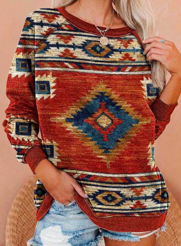 Women's Ethnic Style Aztec Pattern Sweatshirts Round Neck Long Sleeve Geometric Color Block Daily Casual Sweatshirts