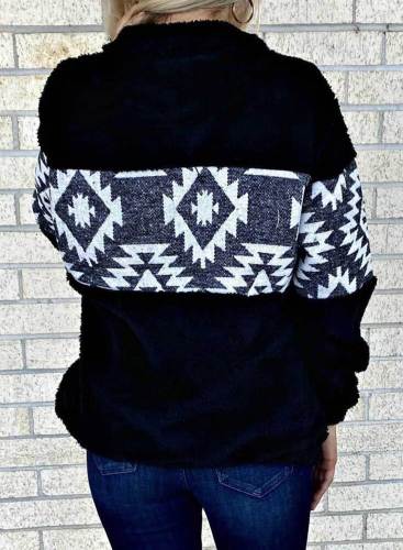 Women's Ethnic Style Aztec Pattern Sweatshirts Turn Down Collar Long Sleeve Color Block Sweatshirts