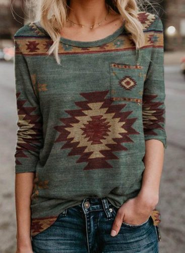 Women's Ethnic Aztec Style Ethnic Pattern Sweatshirts Round Neck 3/4 Sleeve Color Block Spring Long Sleeve