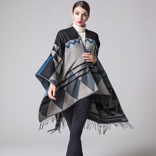 BOHO Tassel Shawl Women Cashmere Imitation Wool Scarf Plaid Reversible Cardigan Poncho Cape Blanket Cloak Wrap Shawl Coat Tops