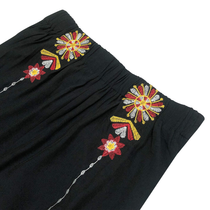 Women Pant Floral Embroidery Summer Casual Loose Elastic Waist Full Length Wide Leg Pants