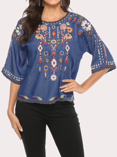 Women's Boho Embroidered Mexican Shirts Short Sleeve Casual Tops Blouse Denim Blouse