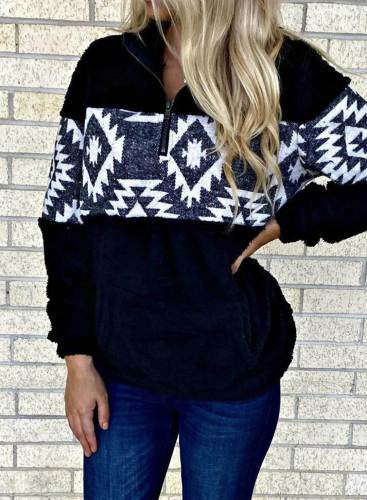 Women's Ethnic Style Aztec Pattern Sweatshirts Turn Down Collar Long Sleeve Color Block Sweatshirts