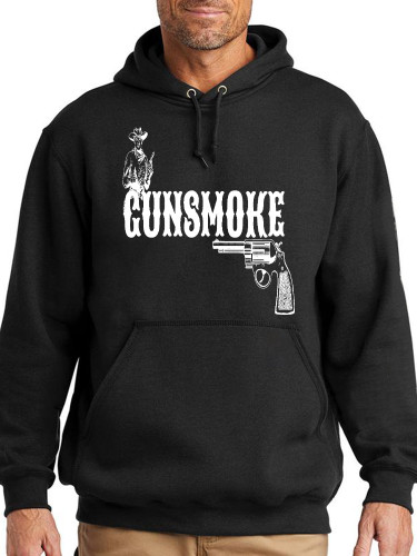 Gunsmoke Man and Gun Image Print Hoodie Midwight Over Size 5XL Pocket String Hoodie For Men