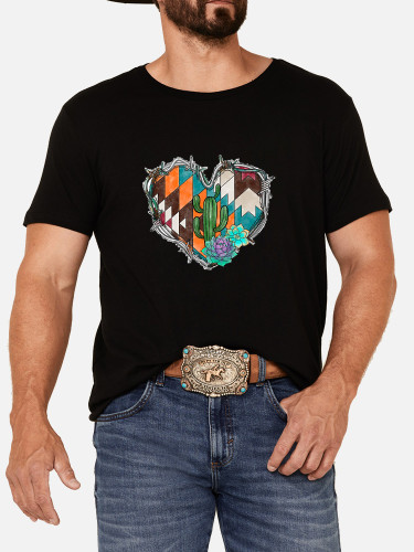 Aztec Love Heart Cute Cartoon Pattern Men's Casual Cotton T-Shirt