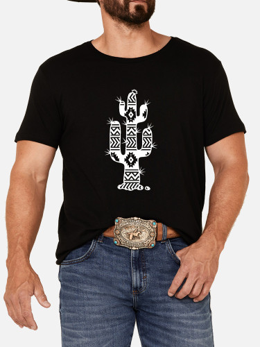 Aztec Big Desert Cactus Pattern Men's Casual Cotton T-Shirt