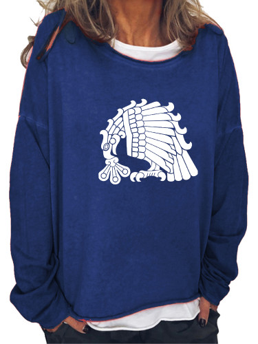 Aztec Native Tribe Eagle Bird Pattern Classic Loose Women's Cotton Long Sleeve T-Shirt