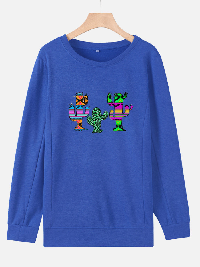 Three Little Colorful Desert Cactus Pattern Classic Women's Cotton Long Sleeve T-Shirt