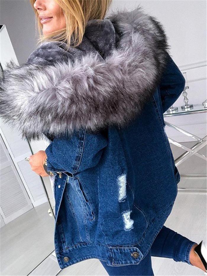Cozy Warm Fur Lining Multi-Pocket Hooded Denim Coat