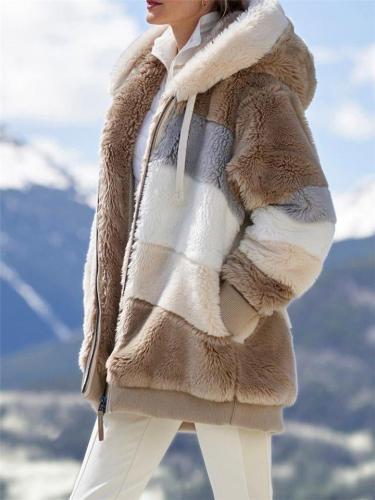 Women's Cozy Zipper Up Pocket Drawstring Hooded Fur Coat