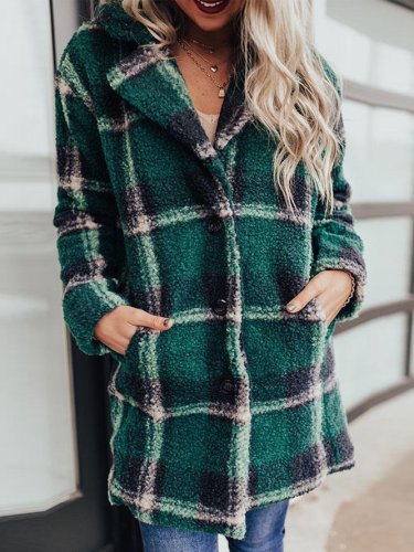 Winter Long-Sleeved Button Lapel Casual Warm Plaid Long Woolen Coat Casual Women Outerwear