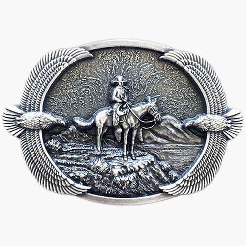 Silver-Plated Western Old Cowboy Belt Buckle Climbing Mountain Overlooking