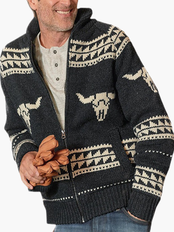 Aztec Cow Pattern Long-Sleeved Black Jacquard Sweater Zipper Western Cardigan Jacket