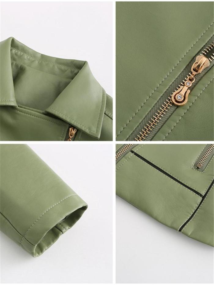 Women’s Notched Collar Side Pocket PU Leather Thin Jacket Coat