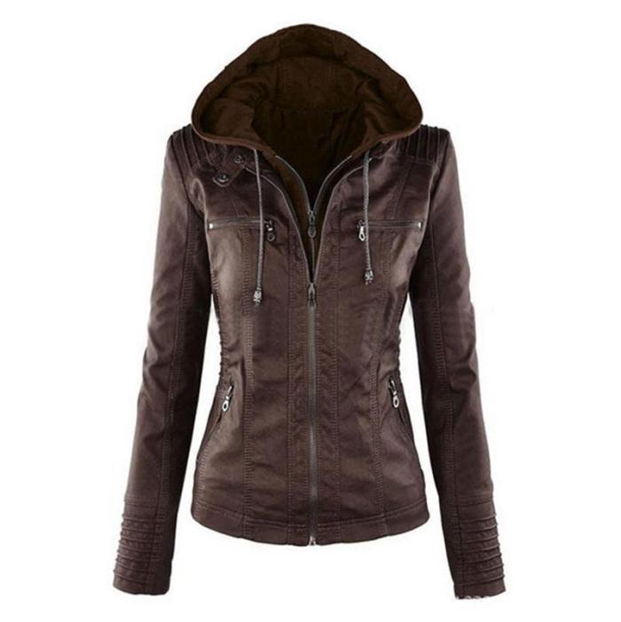 Fashion Zipper Hooded PU Leather Plus Size Jackets