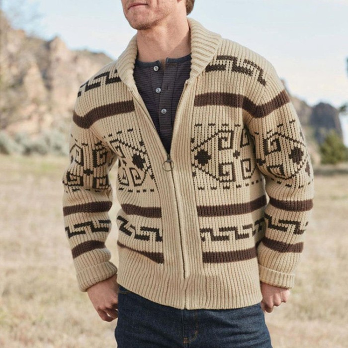 Western Wear Aztec Print Men Zipper Knitted Warm Casual Knitwear Cardigan