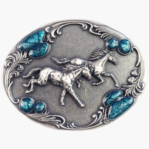 Silver Plated Classic Western Style Belt Button Double Horse-Parallel Denim Buckle