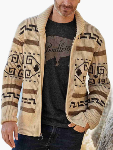 Western Wear Aztec Print Men Zipper Knitted Warm Casual Knitwear Cardigan