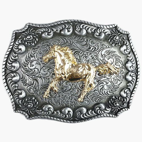 Classic Cowboy Style Belt Buckle Gold Galloping Gold Plated Large Size