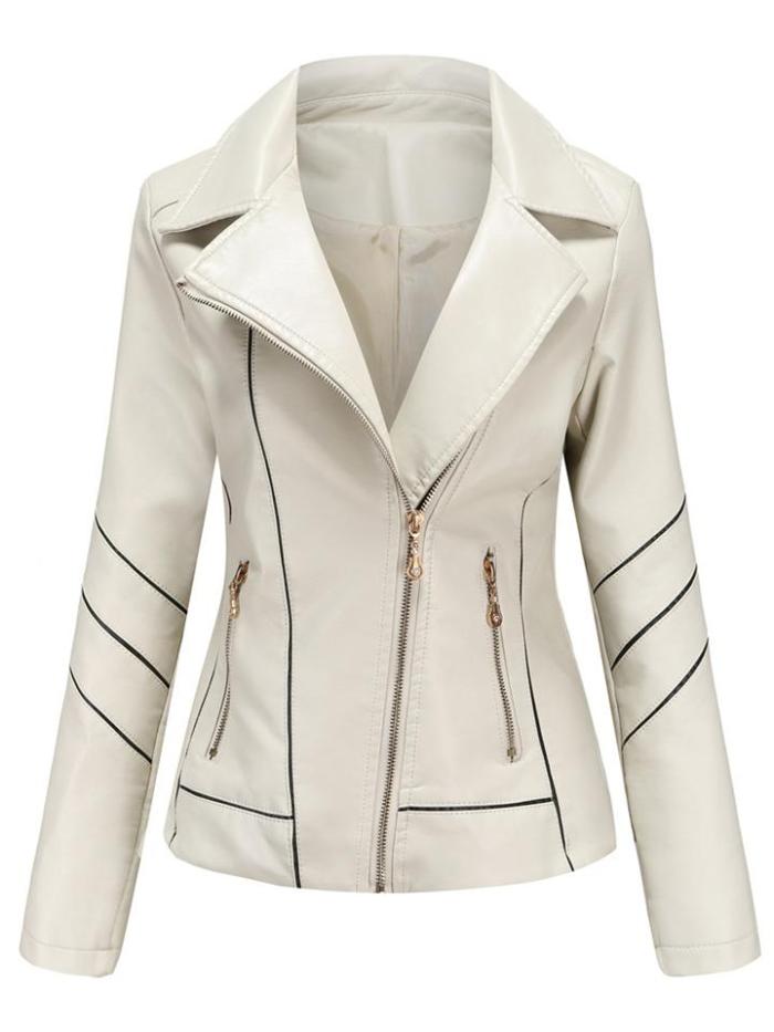 Women’s Notched Collar Side Pocket PU Leather Thin Jacket Coat