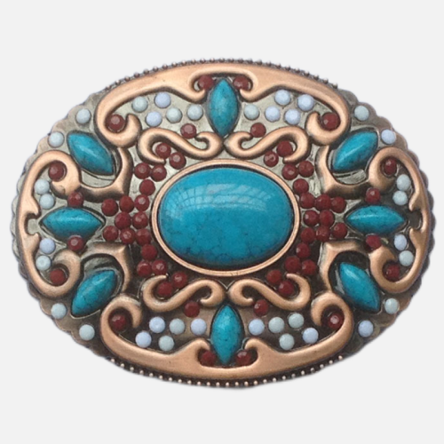 Rodeo Cowboy Belt Buckles Zinc Alloy Oval Flower Pattern With Turquoise Size 9.7X7.5Cm