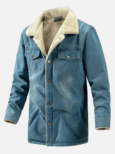 Western Jacket Denim Thick Fleece Jacket Sherpa Lined Turn Down Collar Coat for Cowboy Outerwear