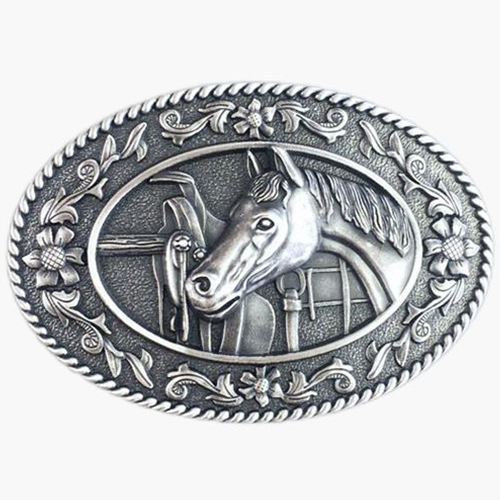 Silvered Western Style Belt Buckle Horse Head Pattern Border